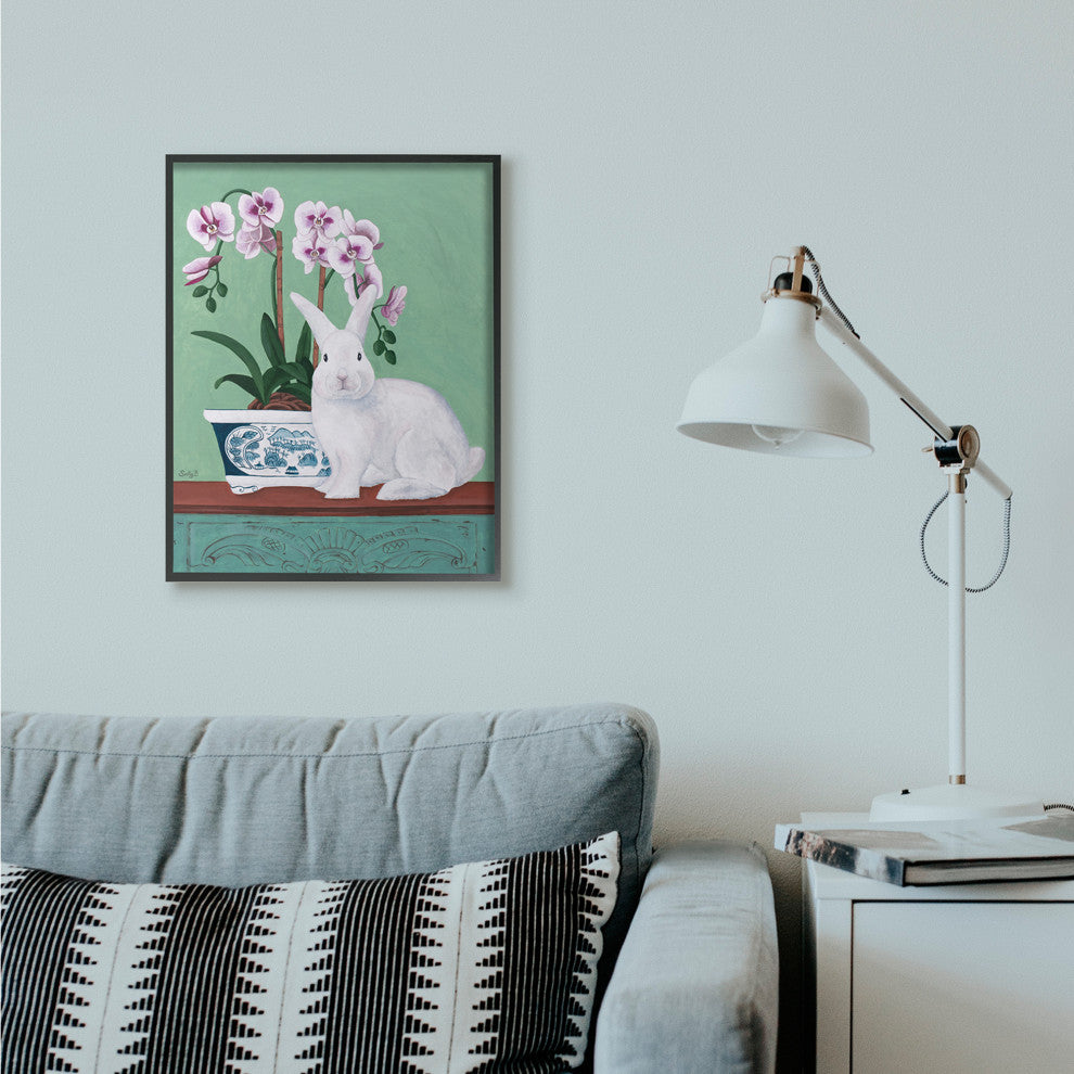 Rabbit and Flowers Pink Green Animal Painting, 24"x30"