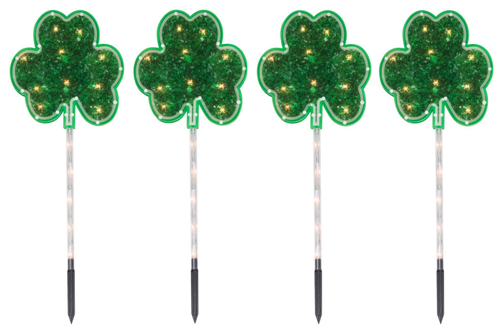 4ct Green Shamrock St Patrick''s Day Pathway Marker Lawn Stakes, Clear Lights