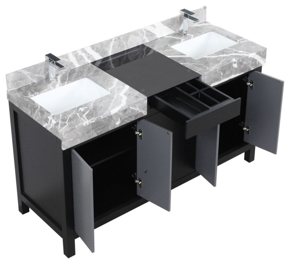 60" Double Vanity, Marble Tops, White Square Sinks, And Monte Chrome Faucet Set