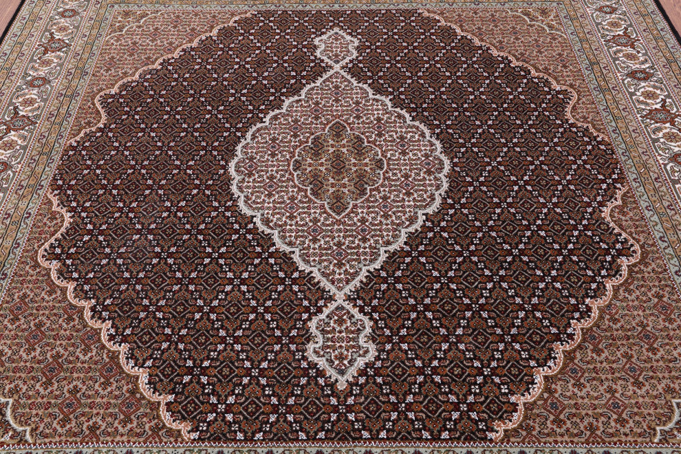 8' Square Handmade Persian Tabriz Wool & Silk Rug - Q13005