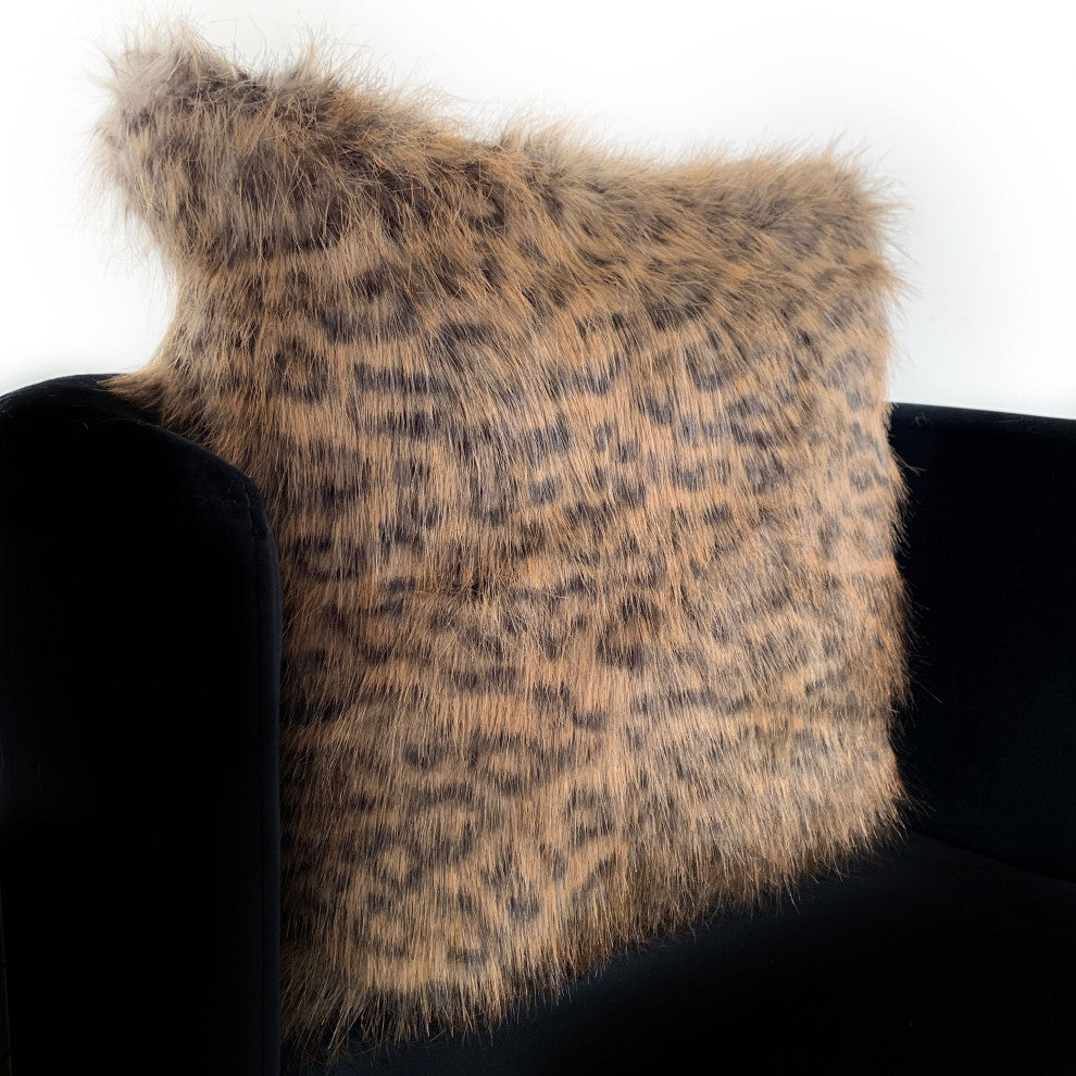 Plutus Brown Tawny WildCat Animal Faux Fur Luxury Throw Pillow, 22"x22"