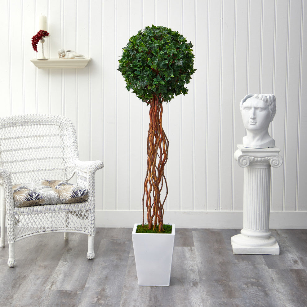 62" English Ivy Single Ball Faux Topiary Tree, Metal Planter Indoor/Outdoor