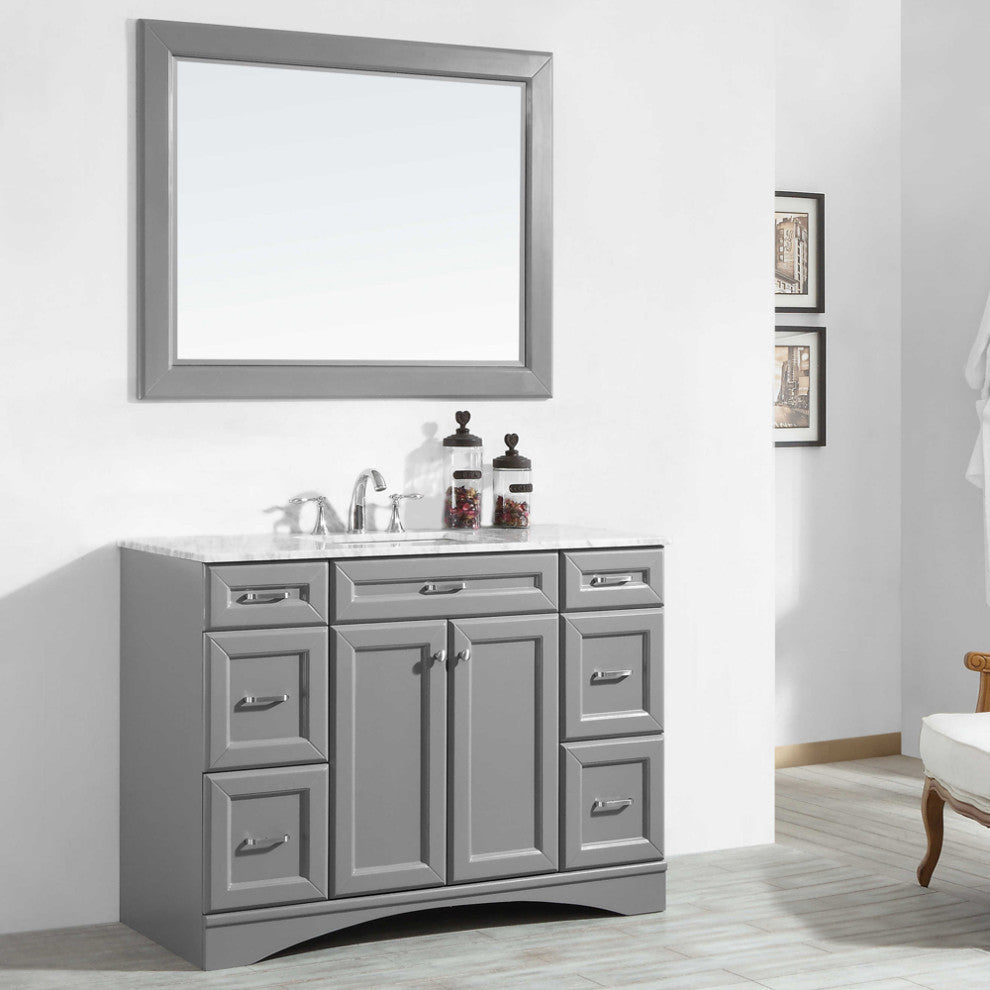 Naples 48" Vanity, Grey With Carrara White Marble Countertop With Mirror