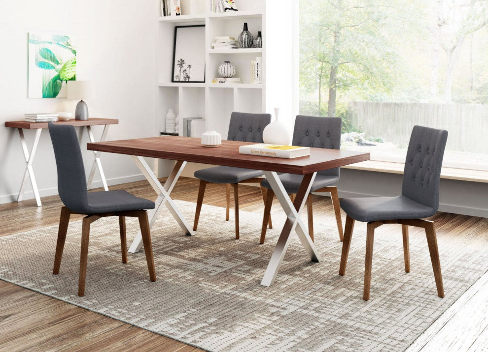 Dining Chair, Set of 2, Fabric, Wood, Gray, Brown, Bar Kitchen Cafe Bistro