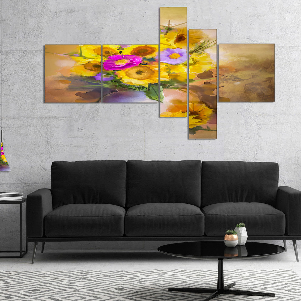 Yellow Sunflower and Violet Aster Flowers, Floral Wall Art, 60"x32", 5 panels