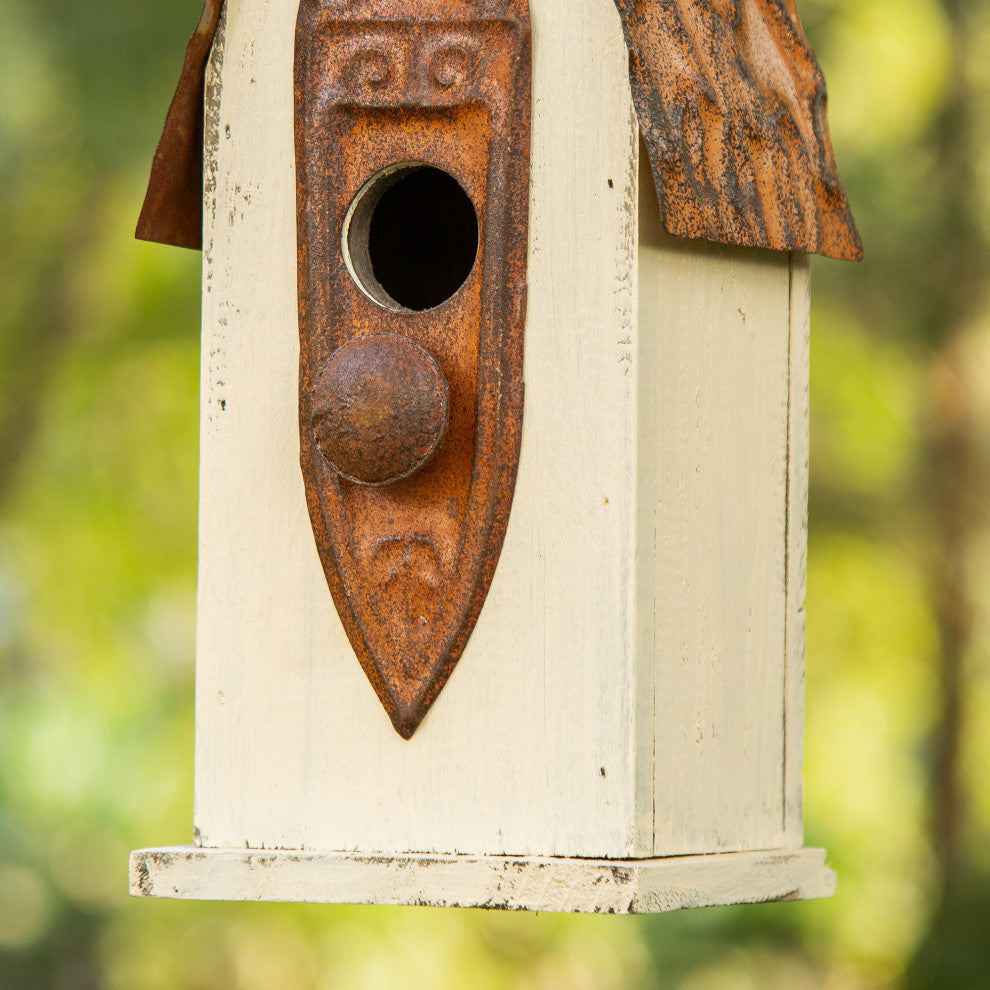 Washed White Distressed Solid Wood Birdhouse