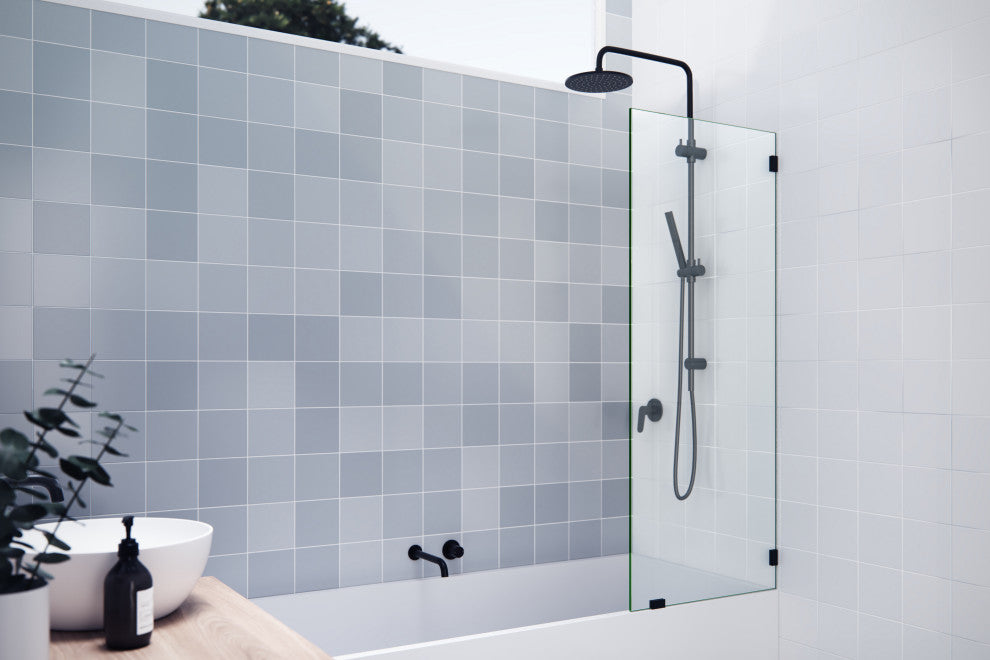 58.25"x24.5" Frameless Shower Bath Fixed Panel, Matte Black