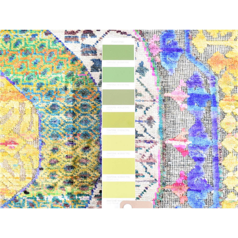 Lime Green Mamluk Design Silk With Wool Hand Knotted XL Runner Rug, 3'1"x17'9"