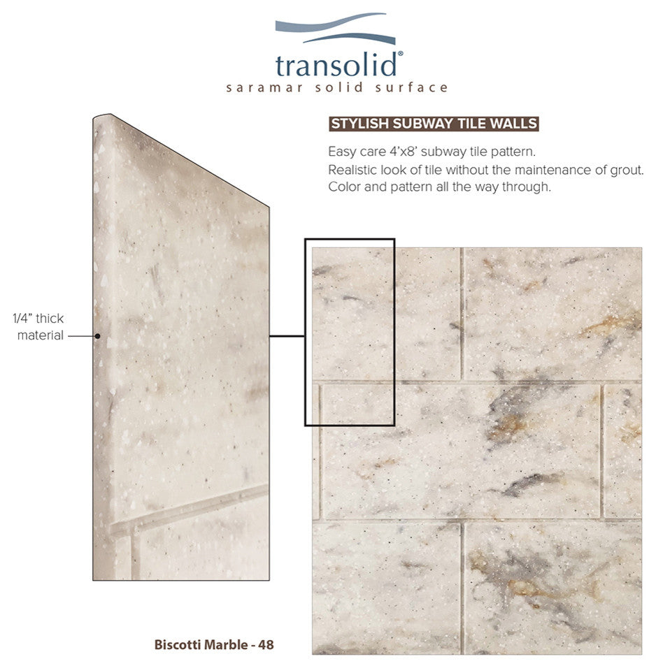 Transolid SaraMar 36"x60"x96" 3-Piece Shower Wall Kit, Biscotti Marble