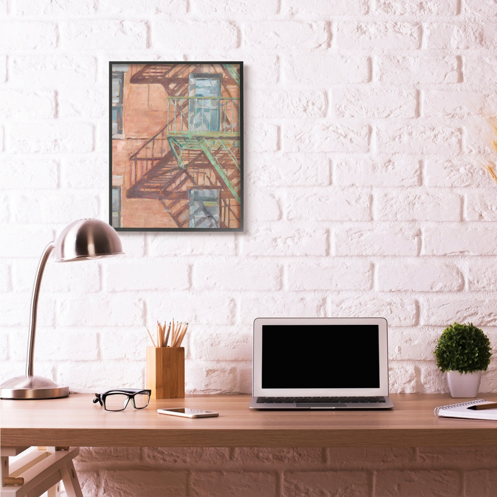 Cityscape Fire Escape Red Green Painting, 24"x30"