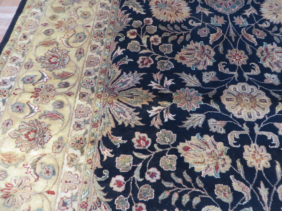 8"x10" Hand Knotted Fine Tabriz Black Oriental Rug With Silk Design
