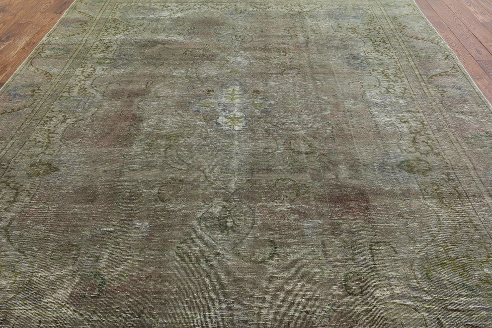 9'x13' Oriental Green Wash Overyded Hand Knotted Wool Floral Area Rug H8882