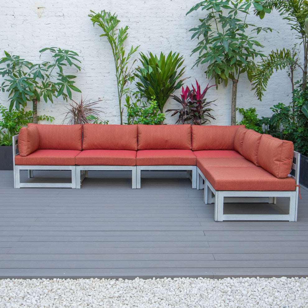LeisureMod Chelsea 6-Piece Patio Sectional, Weathered Gray Aluminum, Orange