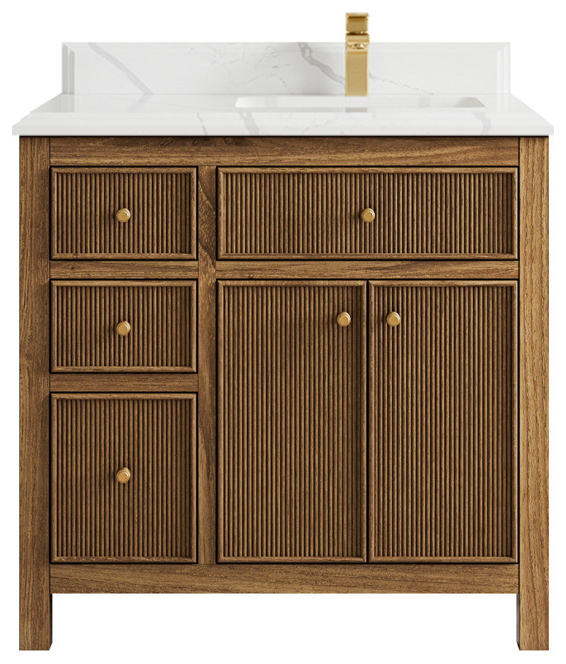 Sonoma Teak 36 Right Offset Bath Vanity in Dark Natural with 1.5" Calacatta Laza