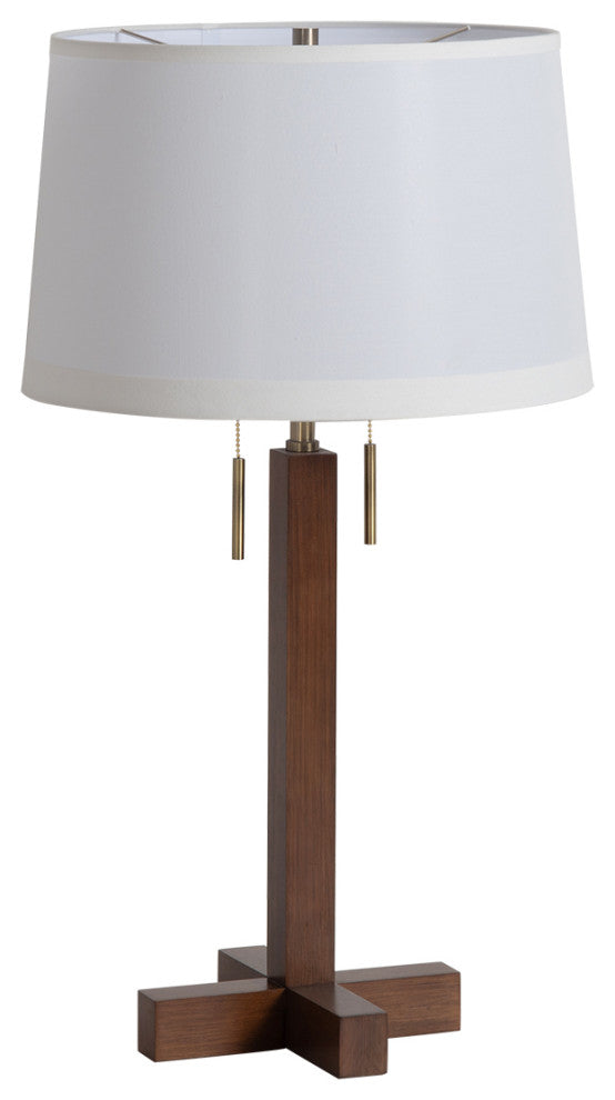 Swiss Cross Table Lamp - Dark Walnut Wood Finish, Weathered Brass, White Shade