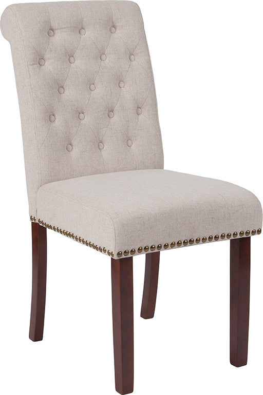 Beige Fabric Parsons Chair with Rolled Back, Accent Nail Trim and Walnut Finish