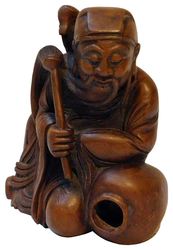 Vintage Wood Chinese Eight Immortals L Dongbin With Whip and Sword Statue