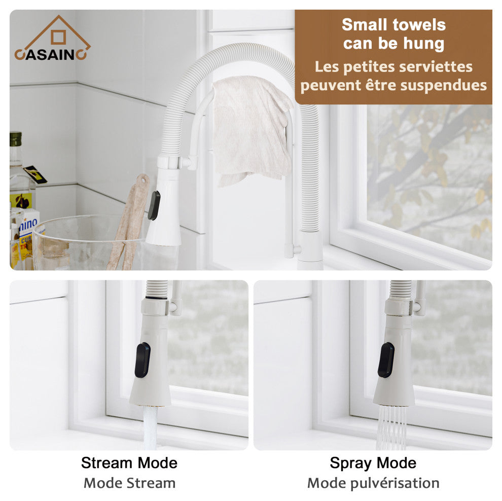 Single-Handle Spring Neck Standard Kitchen Faucet with Dual-Function, Matte White