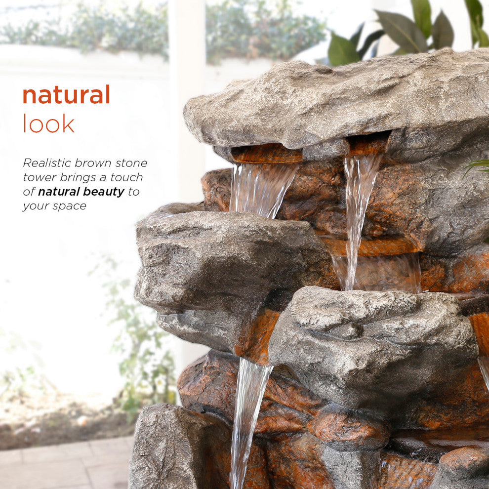 52" Tall Outdoor 5-Tier Rainforest Rock Water Fountain with LED Lights