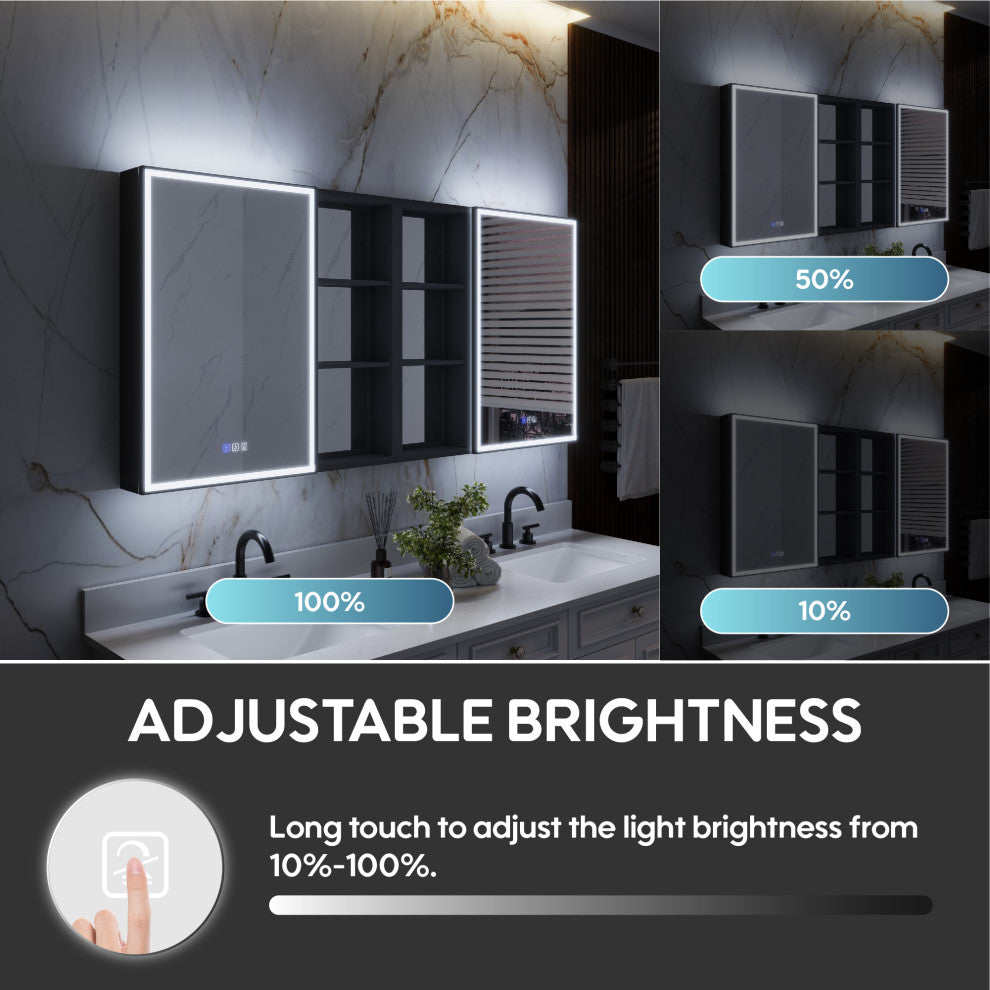Framed LED Medicine Cabinet Recessed/Surface Mount, Dimmable, Anti-fog, Black, 64"x30" Left/Right Door, 2 Side Cabinets