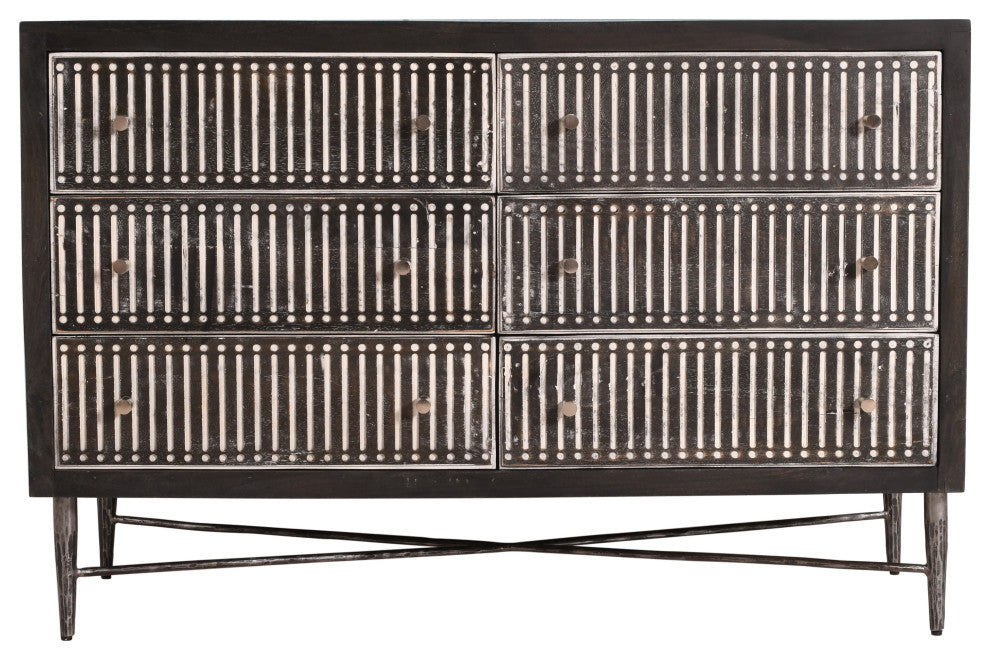 Sarah 6 Drawer Chest, Mango Solid Wood Antique Brown Finish on Iron Base