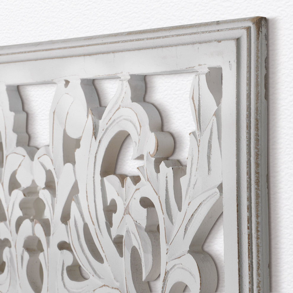 Hand-Carved Distressed White Floral Wood Wall Medallion  - 24" x 36"