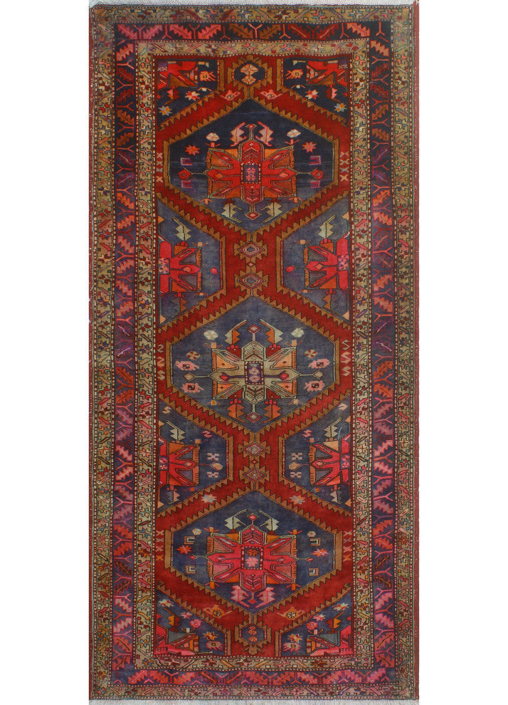 Fine Vintage Distressed Graciela Navy/Burgundy Runner, 4'8x9'11