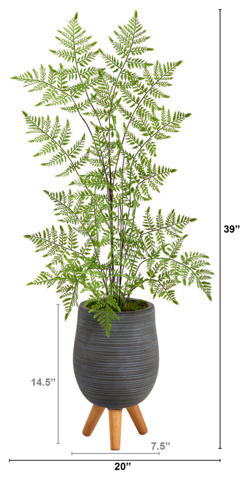 39" Ruffle Fern Artificial Tree, Gray Planter With Stand