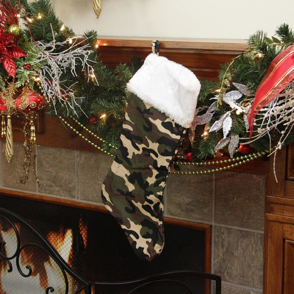 19" Army Camouflage Stocking With White Fur Cuff