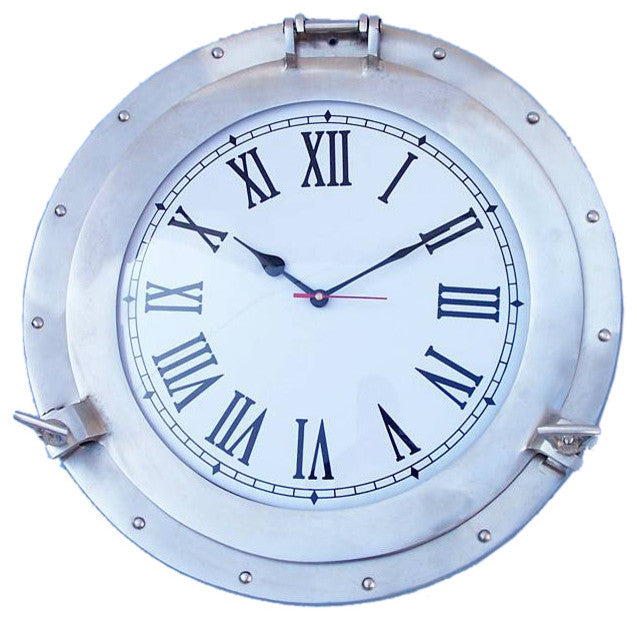 Brushed Nickel Deluxe Class Porthole Clock 17'', Nautical Wall Clock, Beach