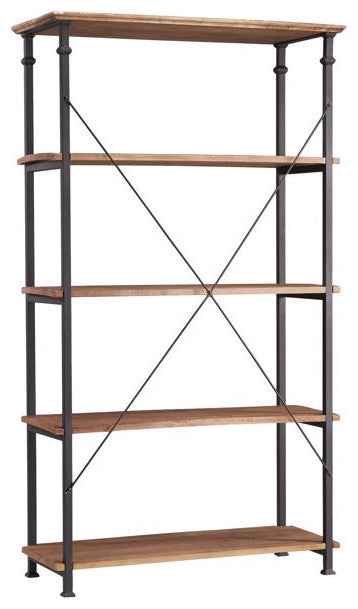 Industrial Bookcase, Metal Frame With Crown Molded Top & X-Support, Light Brown