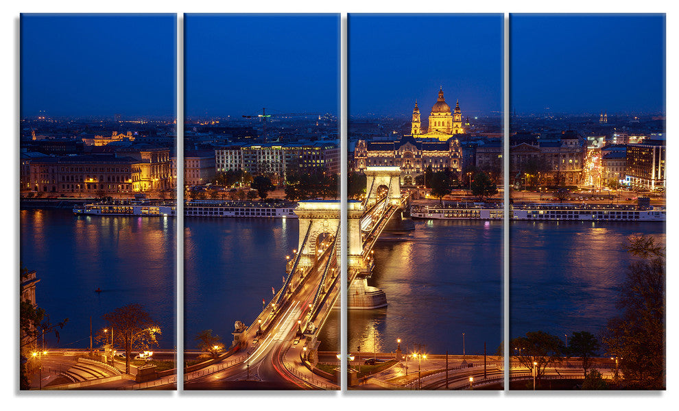 Illuminated Cain Bridge Budapest, Cityscape Canvas Art Print, 48"x28", 4 Panels