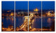 Illuminated Cain Bridge Budapest, Cityscape Canvas Art Print, 48"x28", 4 Panels