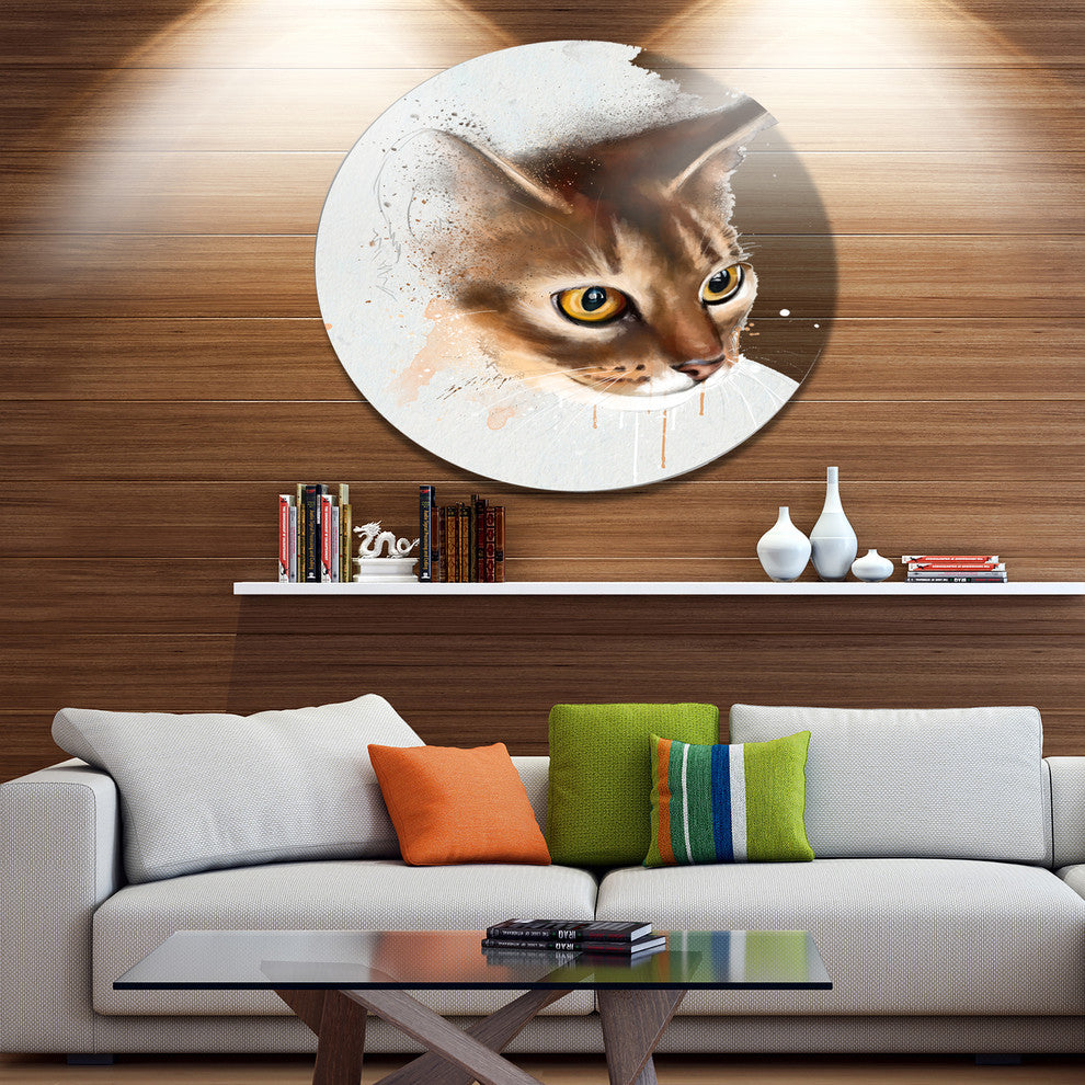 Anxious Brown Cat Watercolor Sketch, Animal Round Wall Art, 11"