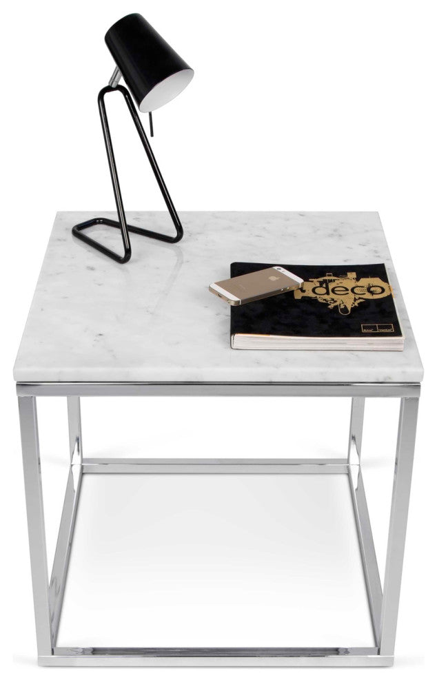 Modern Square Marble & Metal Side Table, Black Marble/Chrome Legs