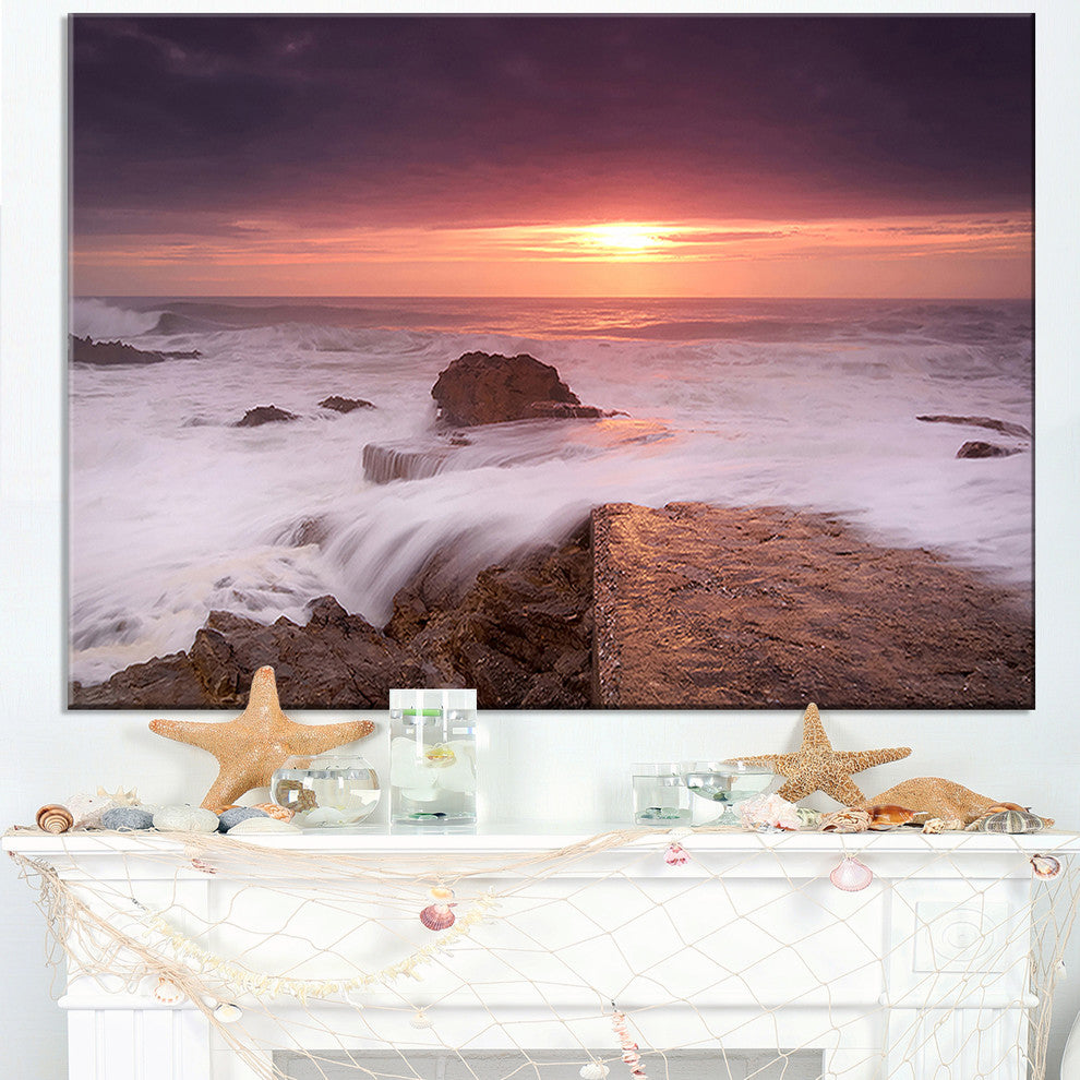 "Flowing Waves At Cable Shallow Coast" Contemporary Seascape Art Canvas, 32"x16"