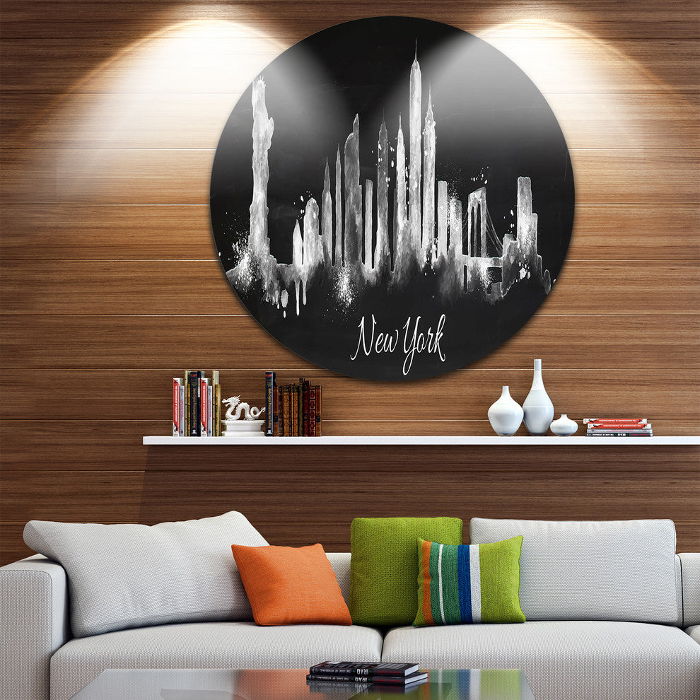 New York Dark Silhouette, Cityscape Painting Disc Metal Wall Art, 11"