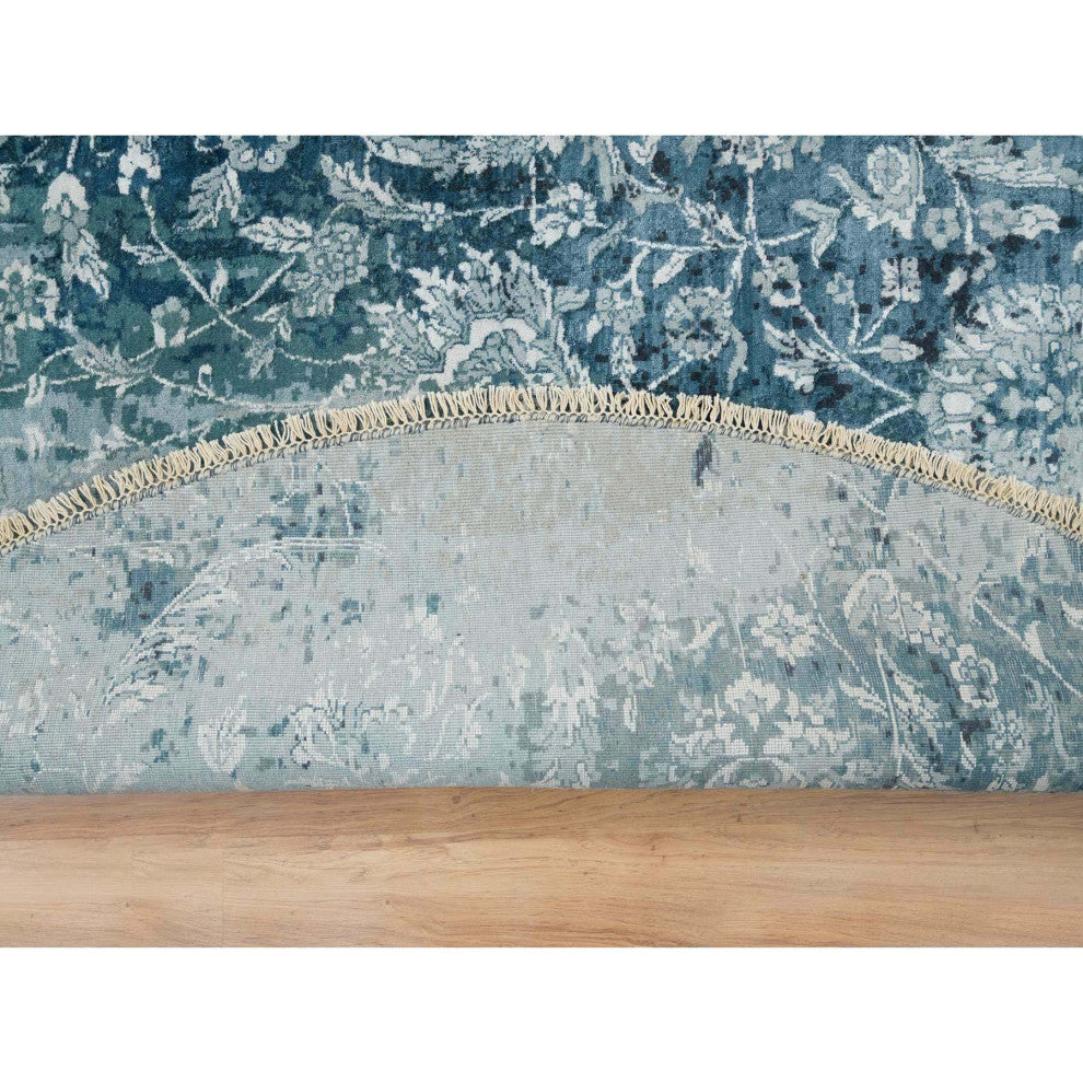 Blue-Teal Farsian Tebraz Wool and Silk Hand Knotted Runner Rug, 9'10"x9'10"