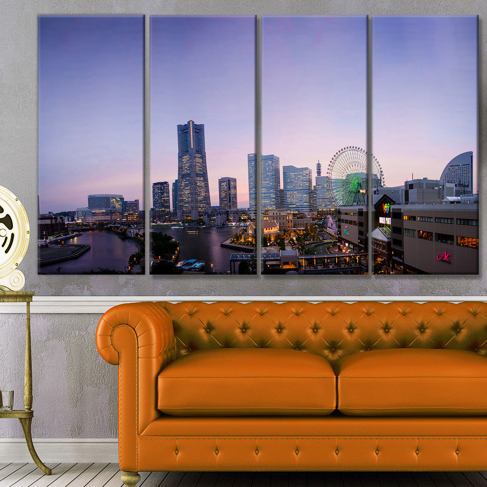 Minato Mirai Yokohama at Twilight, Cityscape Canvas Art Print, 48"x28", 4 Panels
