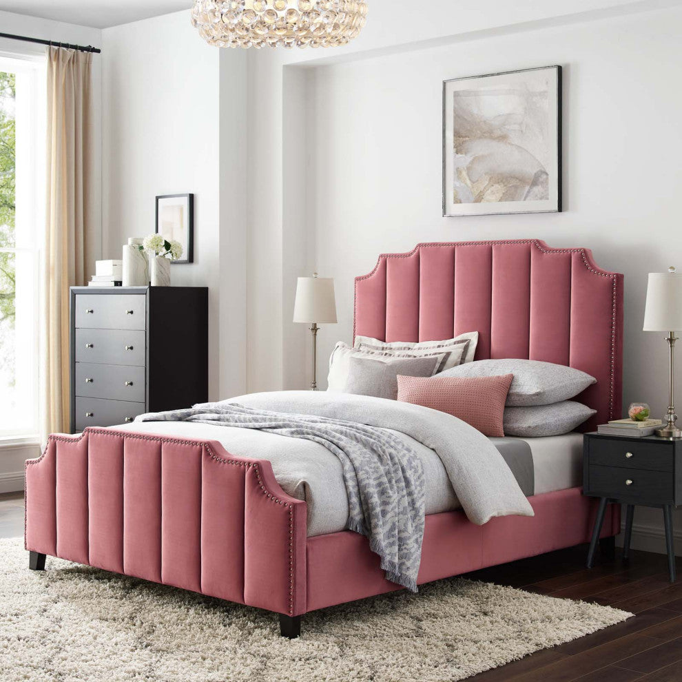 Platform Bed Frame, Queen Size, Velvet, Pink, Modern Contemporary, Bedroom