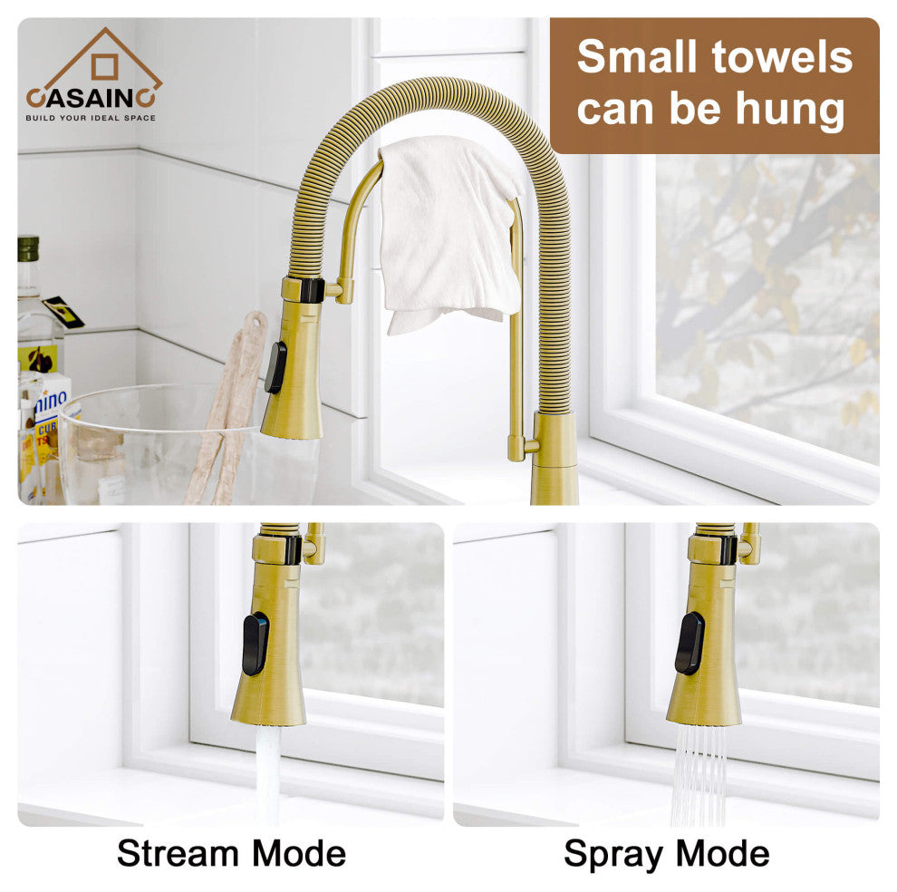 Single-Handle Spring Neck Standard Kitchen Faucet with Dual-Function, Brushed Gold