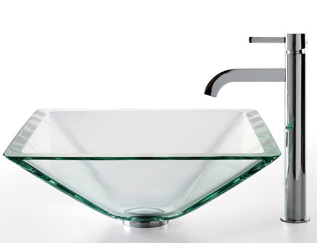 Glass Vessel Sink, Bathroom Ramus Faucet, PU Drain, Mounting Ring, Chrome