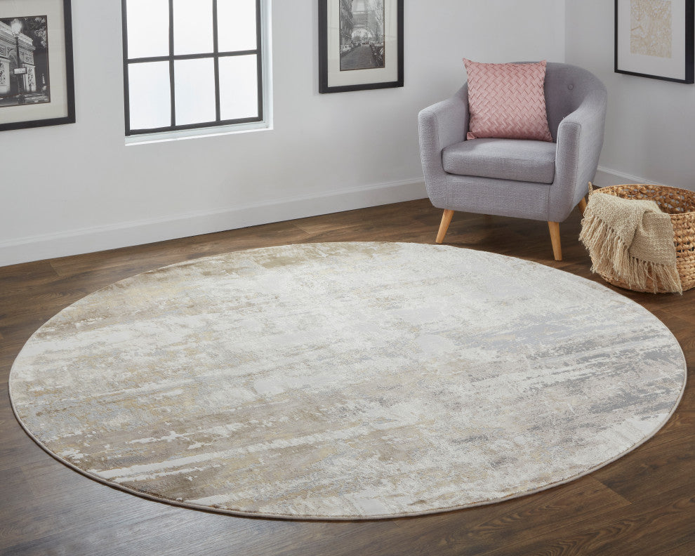 Weave & Wander Frida Distressed Abstract Watercolor Rug, Gray/Beige, 7'9"x7'9" R