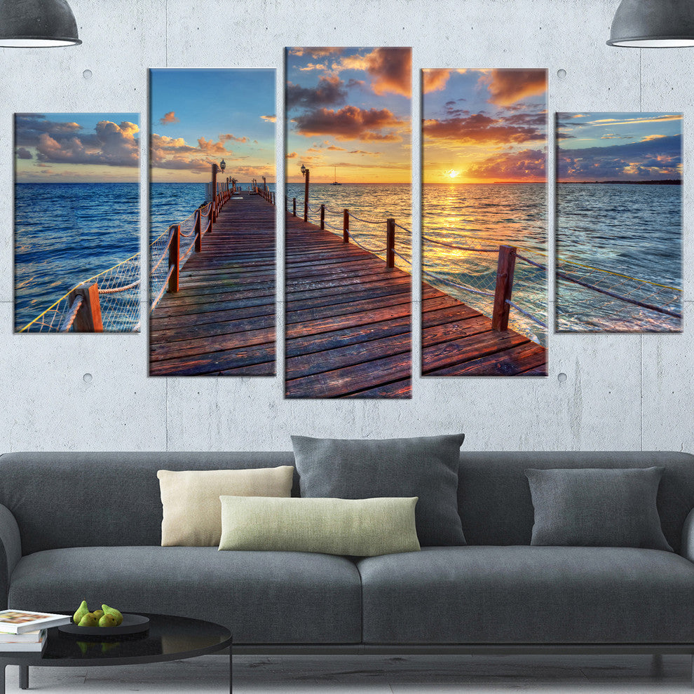 Beautiful Sunset over Sea Pier, Large Modern Canvas Art Print, 60"x32", 5 Panels