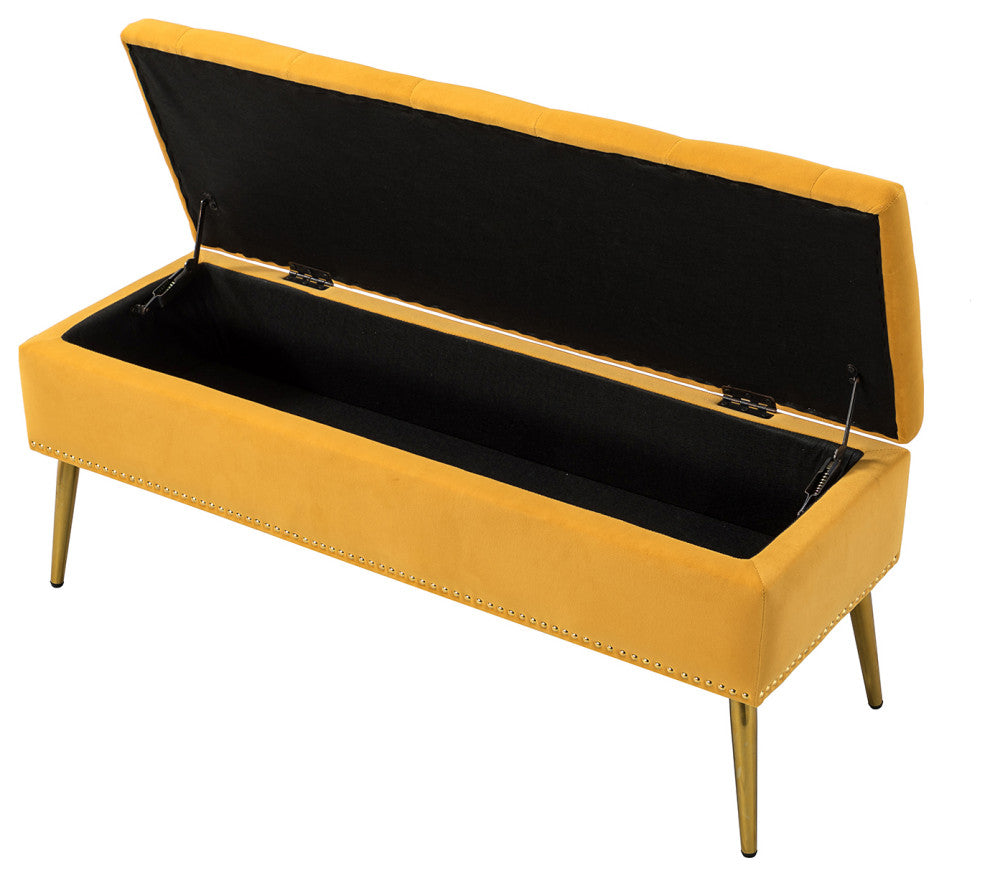 Button-tufted Storage Bench with Nailhead Trim, Mustard