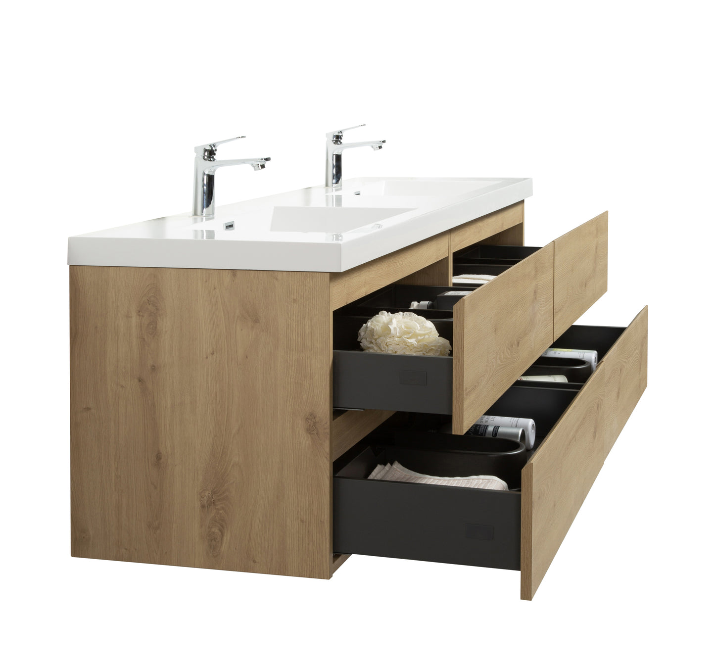 Alma-Pre 4 Drawers Wall Mount Vanity, Integrated White Sink, Natural Oak, 60"
