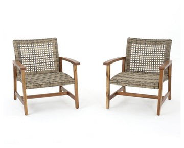 GDF Studio Savannah Outdoor Acacia Wood Frame Wicker Club Chairs, Set of 2