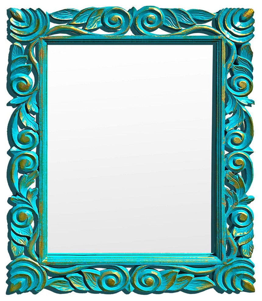Hand-Carved Rectangular Wooden Wall Mirror in Turquoise Green and Gold Patina