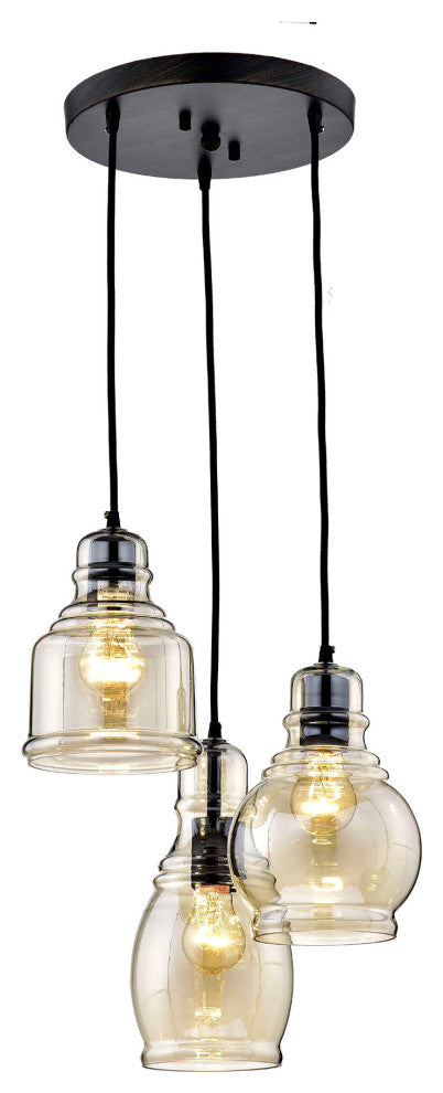 Sara Cognac Glass 3-light Cluster Pendant Chandelier Antique Black Finish
