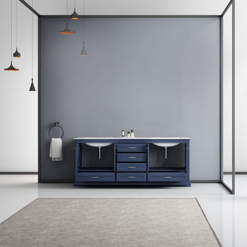 Dukes 80" Vanity, Wht Carrara Marble Top, Wht Sq Sinks & No Mirror, Navy Blue